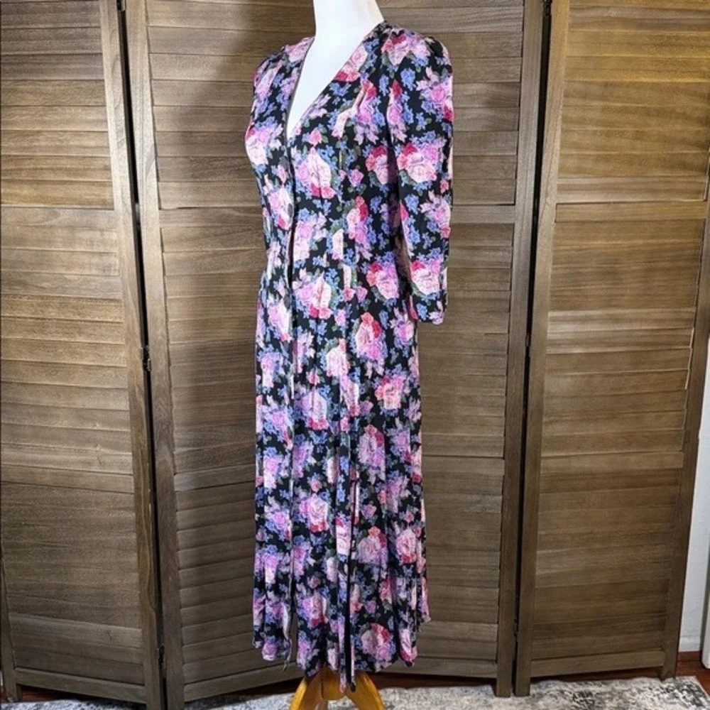 Jonathan Martin Vintage 90s Floral Button Front Maxi‎ Dress Black Pink Size 5/6